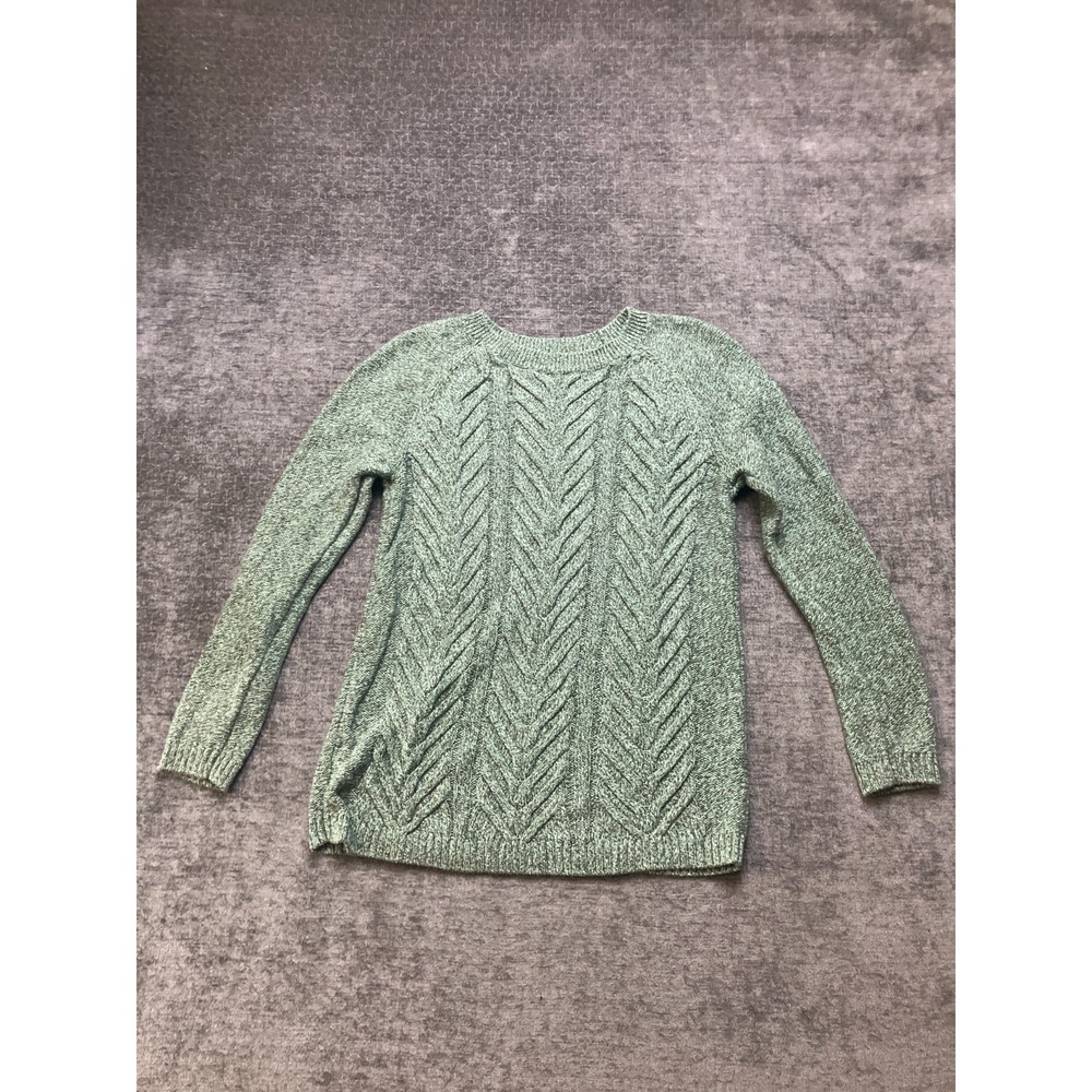 Womens Sweater Medium Green Melange Cable Knit Raglan Sleeve Crew Neck Pullover